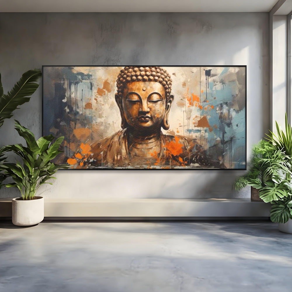 Tablou canvas cu tablou canvas cu bustul lui buddha, in rama de aluminiu negru